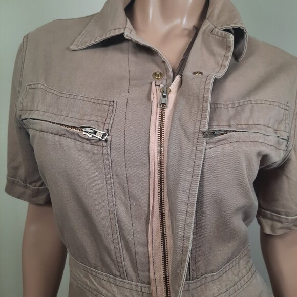 Vintage 70s Jumpsuit Flare Wide Leg Size S Utility Flight Suit Beige Full Zip - Picture 3 of 10